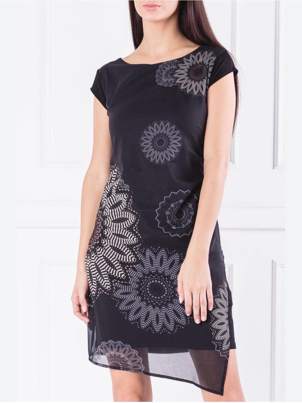 Desigual Sandrini Black Floral Medallion Shift Dress with front patterned panel